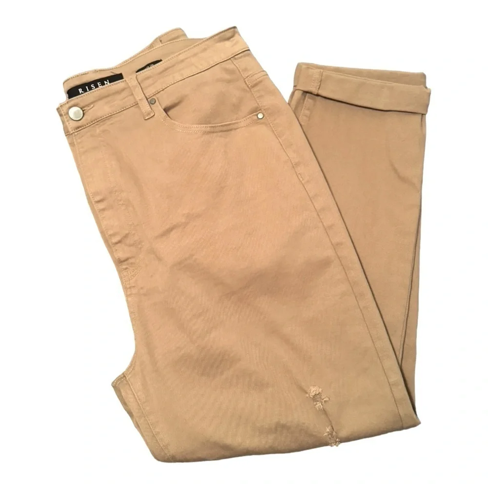 Risen Los Angeles Distressed Ankle Jeans with Cuff, Khaki, Size 2XL